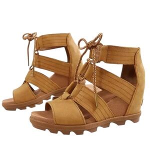 Sorel Joanie II Lace Up Leather Wedge Sandal Camel Brown Size 6
